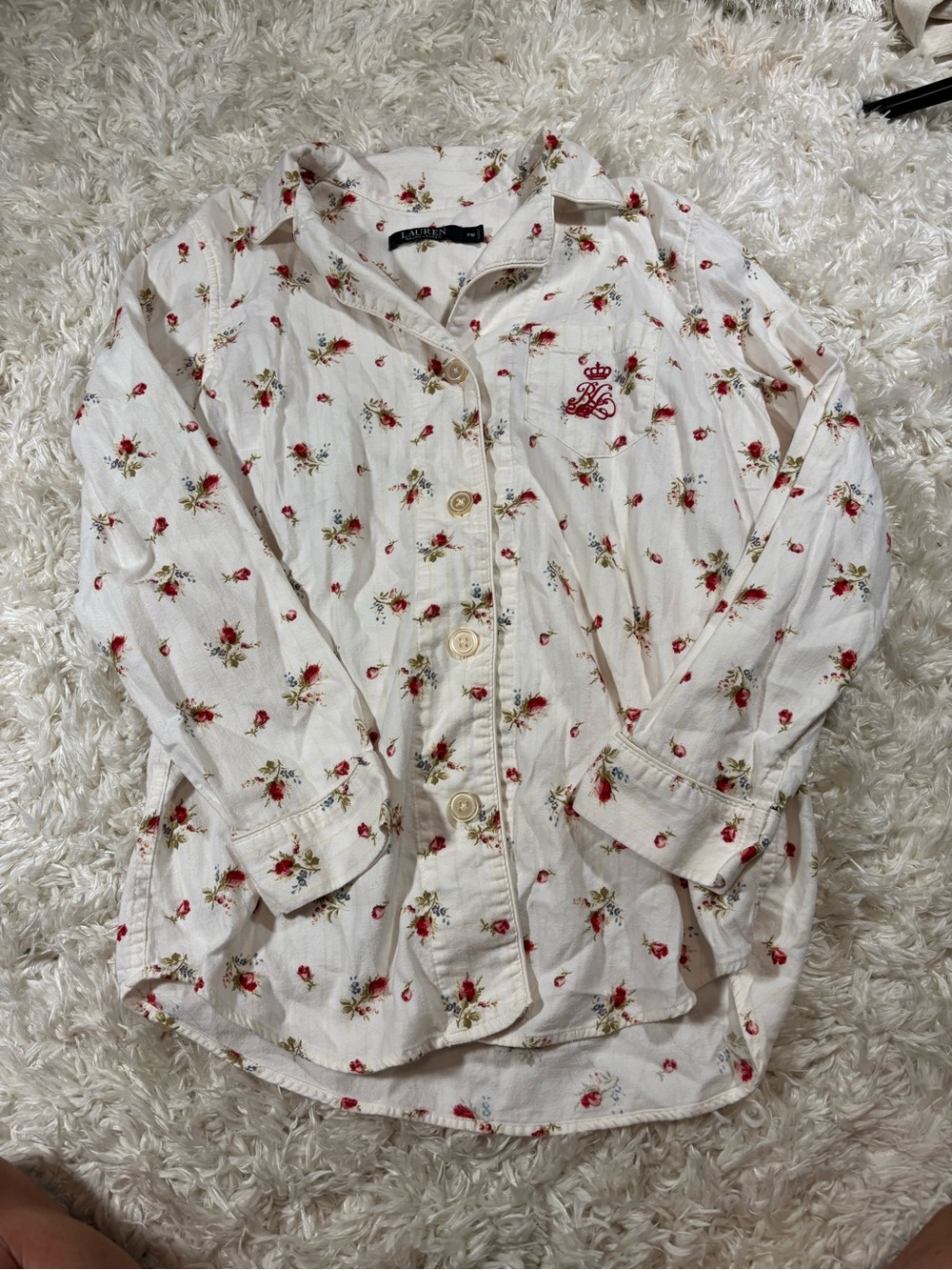 Ralph Lauren White Button-Up Pajama Set with Red Floral Embroidery-PM - Picture 9 of 11